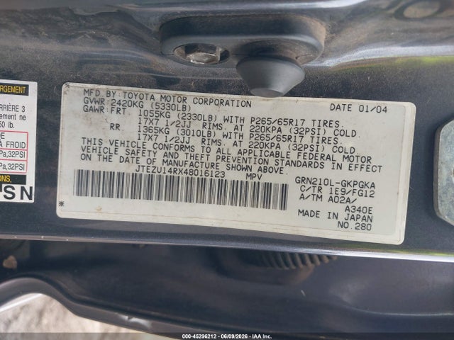 2004 Toyota 4runner Sr5 V6 მანქანა იყიდება აუქციონზე, vin: JTEZU14RX48016123, აუქციონის ნომერი: 45296212