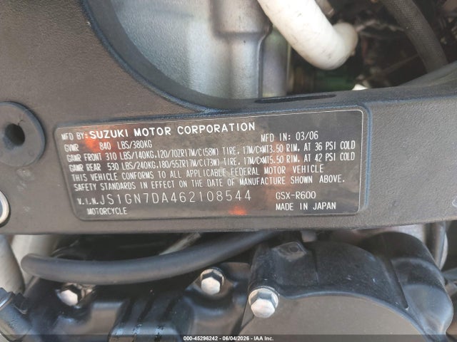 2006 Suzuki Gsx-r600 K6 მანქანა იყიდება აუქციონზე, vin: JS1GN7DA462108544, აუქციონის ნომერი: 45296242