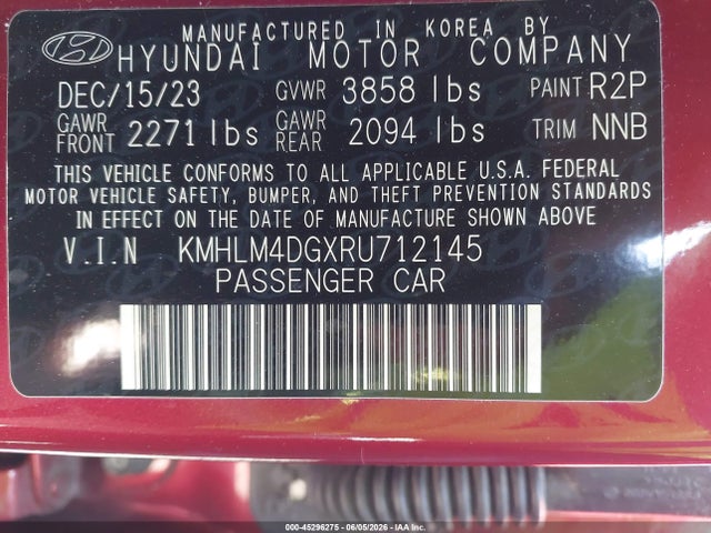 Auction sale of the 2024 Hyundai Elantra Sel, vin: KMHLM4DGXRU712145, lot number: 45296275
