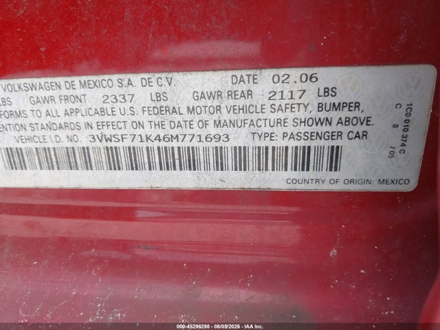 Продажа на аукционе авто 2006 Volkswagen Jetta 2.5, vin: 3VWSF71K46M771693, номер лота: 45296298