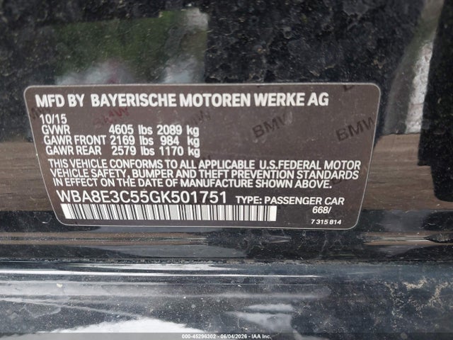 45296302 :رقم المزاد ، WBA8E3C55GK501751 vin ، 2016 Bmw 328i Xdrive مزاد بيع