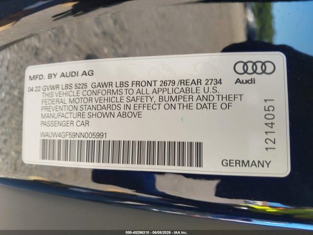 45296310 :رقم المزاد ، WAUW4GF59NN005991 vin ، 2022 Audi S5 Cabriolet Premium Plus Tfsi Quattro Tiptronic مزاد بيع
