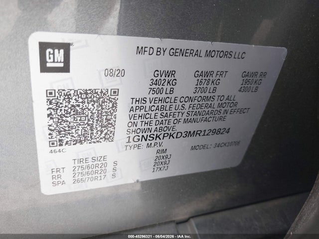 Продажа на аукционе авто 2021 Chevrolet Tahoe 4wd Z71, vin: 1GNSKPKD3MR129824, номер лота: 45296321