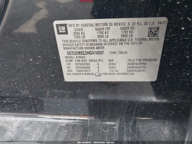 Aukcja sprzedaży 2017 Gmc Sierra 1500 Slt, vin: 3GTU2NEC2HG414397, numer aukcji: 45296323