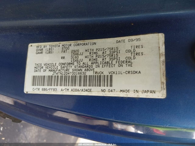 1996 Toyota T100 Xtracab მანქანა იყიდება აუქციონზე, vin: JT4TN12D4T0016632, აუქციონის ნომერი: 45296332