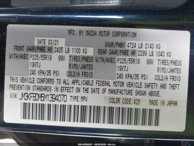 Продажа на аукционе авто 2021 Mazda Cx-5 Grand Touring, vin: JM3KFBDM5M1394070, номер лота: 45296347