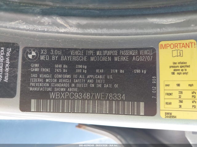 2007 Bmw X3 3.0si მანქანა იყიდება აუქციონზე, vin: WBXPC93487WE78334, აუქციონის ნომერი: 45296349