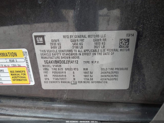 45296363 :رقم المزاد ، 5GAKVBKD0EJ314112 vin ، 2014 Buick Enclave Leather مزاد بيع