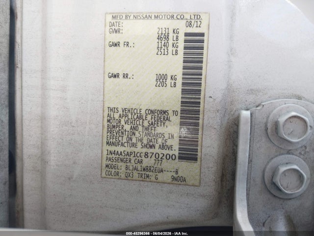Продаж на аукціоні авто 2012 Nissan Maxima 3.5 Sv, vin: 1N4AA5AP1CC870200, номер лоту: 45296366