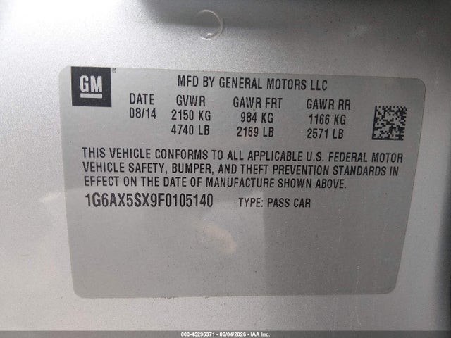 2015 Cadillac Cts Luxury მანქანა იყიდება აუქციონზე, vin: 1G6AX5SX9F0105140, აუქციონის ნომერი: 45296371