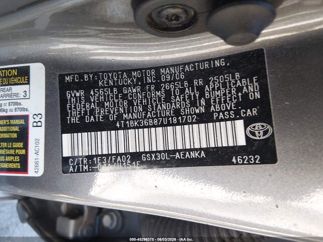 Продажа на аукционе авто 2007 Toyota Avalon Xl, vin: 4T1BK36B87U181702, номер лота: 45296375