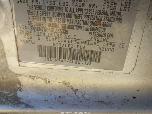 2016 Nissan Versa 1.6 Sv მანქანა იყიდება აუქციონზე, vin: 3N1CN7AP4GL866335, აუქციონის ნომერი: 45296381