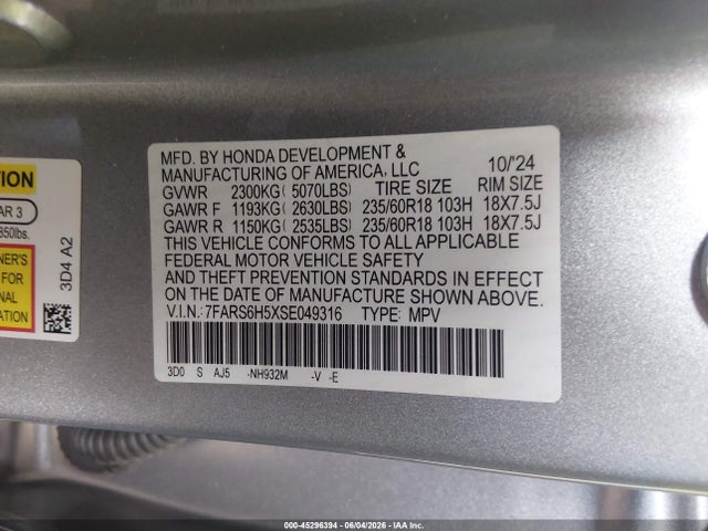 45296394 :رقم المزاد ، 7FARS6H5XSE049316 vin ، 2025 Honda Cr-v Hybrid Sport مزاد بيع