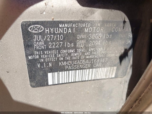 2010 Hyundai Elantra Gls მანქანა იყიდება აუქციონზე, vin: KMHDU4AD5AU168947, აუქციონის ნომერი: 45296396
