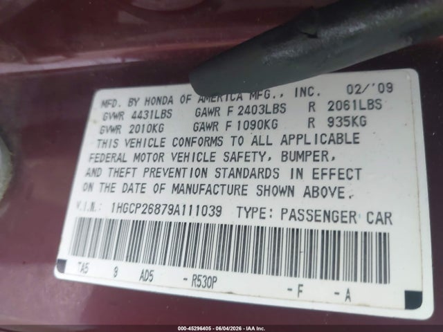 2009 Honda Accord 2.4 Ex-l მანქანა იყიდება აუქციონზე, vin: 1HGCP26879A111039, აუქციონის ნომერი: 45296405