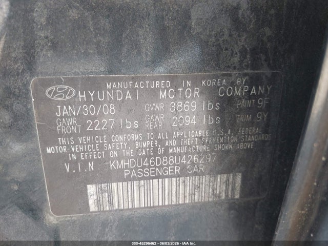 Продажа на аукционе авто 2008 Hyundai Elantra Gls/se, vin: KMHDU46D88U426297, номер лота: 45296462