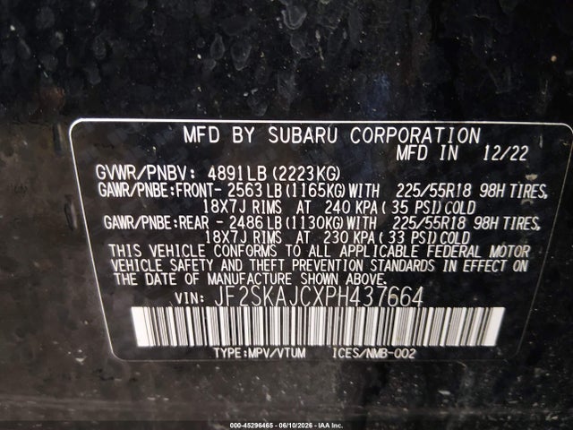 2023 Subaru Forester Sport მანქანა იყიდება აუქციონზე, vin: JF2SKAJCXPH437664, აუქციონის ნომერი: 45296465