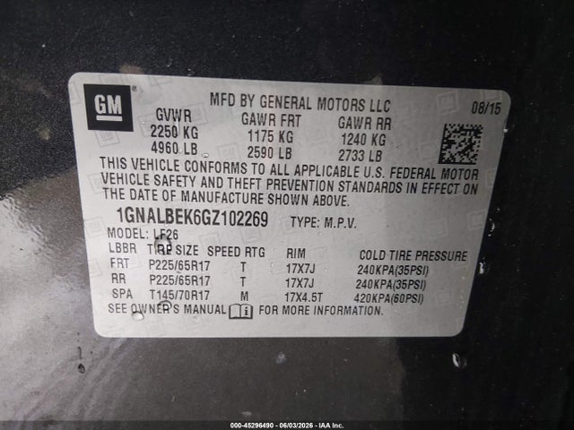 Продаж на аукціоні авто 2016 Chevrolet Equinox Ls, vin: 1GNALBEK6GZ102269, номер лоту: 45296490