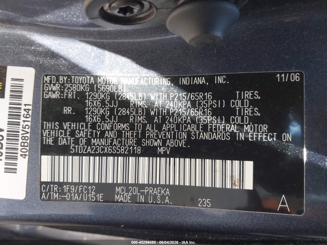 Продажа на аукционе авто 2006 Toyota Sienna Le, vin: 5TDZA23CX6S582118, номер лота: 45296495