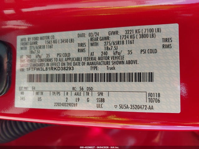 45296527 :رقم المزاد ، 1FTFW3L81RKD38293 vin ، 2024 Ford F-150 Xlt مزاد بيع