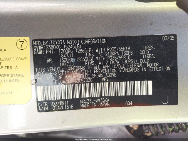 45296533 :رقم المزاد ، JTJGA31U250057030 vin ، 2005 Lexus Rx 330 مزاد بيع