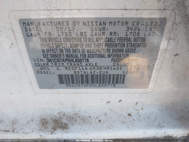 45296559 :رقم المزاد ، 3N1CN7AP0HL850778 vin ، 2017 Nissan Versa 1.6 S+ مزاد بيع