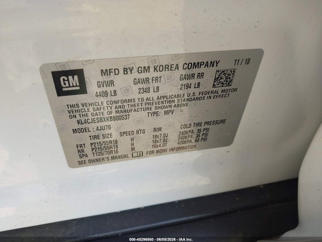 Aukcja sprzedaży 2019 Buick Encore Awd Preferred, vin: KL4CJESBXKB800537, numer aukcji: 45296560