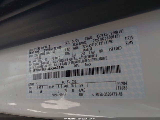 45296583 :رقم المزاد ، 1FTBW3UG3SKA63116 vin ، 2025 Ford Transit-350 Cargo Van مزاد بيع