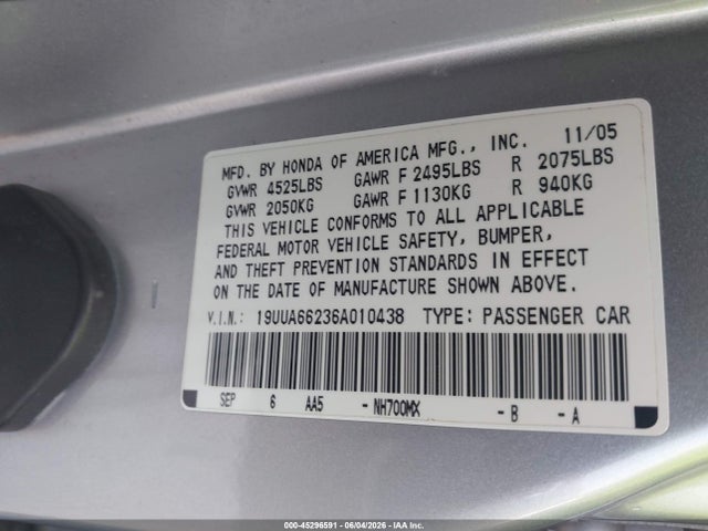 45296591 :رقم المزاد ، 19UUA66236A010438 vin ، 2006 Acura Tl مزاد بيع