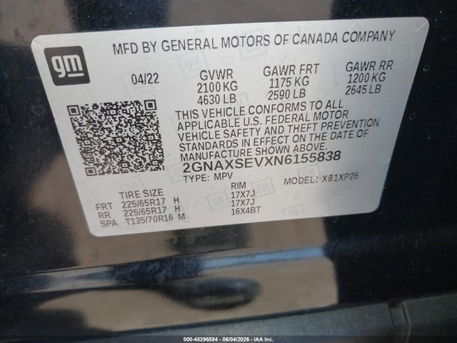 Продаж на аукціоні авто 2022 Chevrolet Equinox Awd Ls, vin: 2GNAXSEVXN6155838, номер лоту: 45296594