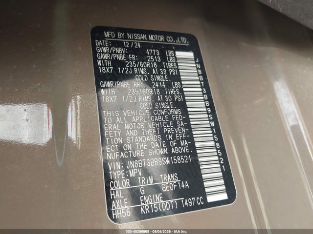 45296605 :رقم المزاد ، JN8BT3BB9SW158521 vin ، 2025 Nissan Rogue Sv Intelligent Awd مزاد بيع