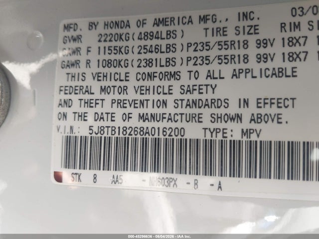 2008 Acura Rdx მანქანა იყიდება აუქციონზე, vin: 5J8TB18268A016200, აუქციონის ნომერი: 45296636