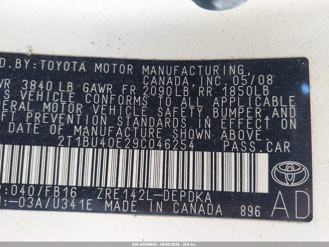 2009 Toyota Corolla Le მანქანა იყიდება აუქციონზე, vin: 2T1BU40E29C046254, აუქციონის ნომერი: 45296652