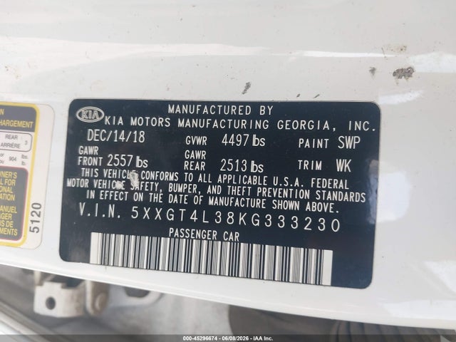 Aukcja sprzedaży 2019 Kia Optima Lx, vin: 5XXGT4L38KG333230, numer aukcji: 45296674