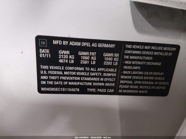 Aukcja sprzedaży 2011 Buick Regal Cxl Russelsheim, vin: W04GN5EC1B1104679, numer aukcji: 45296692