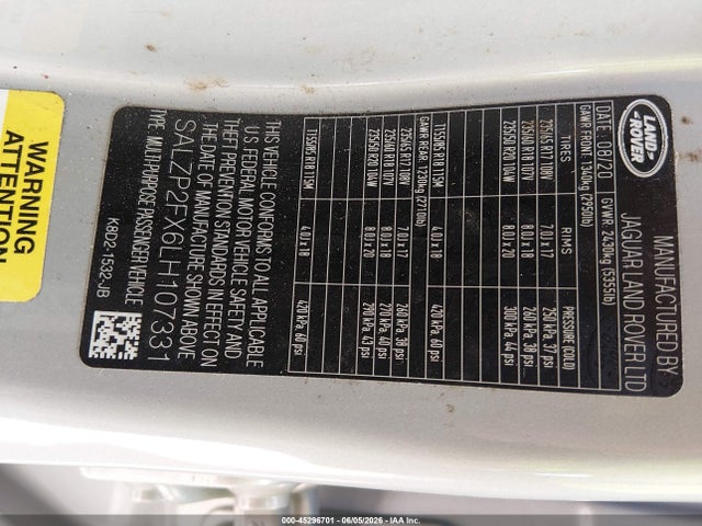 Продаж на аукціоні авто 2020 Land Rover Range Rover Evoque Se, vin: SALZP2FX6LH107331, номер лоту: 45296701