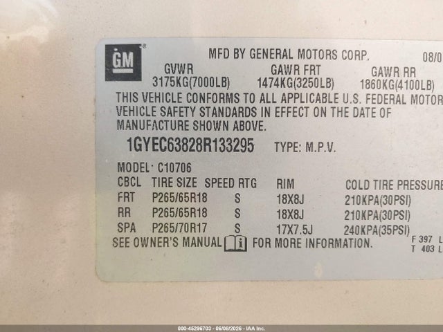 Aukcja sprzedaży 2008 Cadillac Escalade Standard, vin: 1GYEC63828R133295, numer aukcji: 45296703