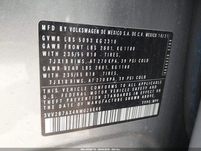 45296716 :رقم المزاد ، 3VV2B7AX4NM026646 vin ، 2022 Volkswagen Tiguan 2.0t Se مزاد بيع