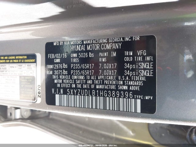 45296721 :رقم المزاد ، 5XYZUDLB1HG389396 vin ، 2017 Hyundai Santa Fe Sport 2.4l مزاد بيع