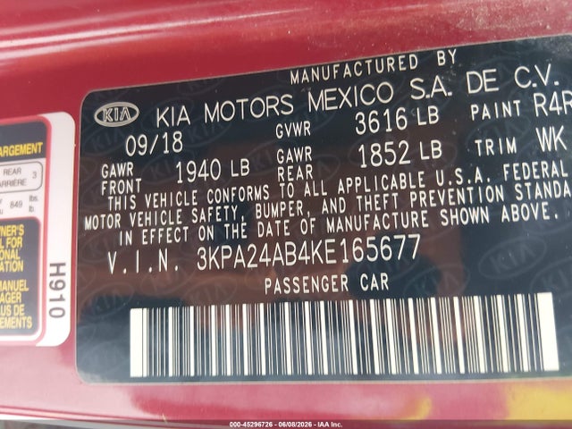 Aukcja sprzedaży 2019 Kia Rio S, vin: 3KPA24AB4KE165677, numer aukcji: 45296726