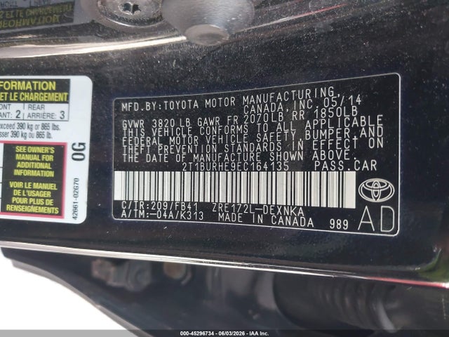 Продажа на аукционе авто 2014 Toyota Corolla Le, vin: 2T1BURHE9EC164135, номер лота: 45296734