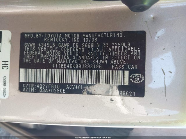 Продажа на аукционе авто 2009 Toyota Camry Le, vin: 4T1BE46K89U893496, номер лота: 45296740