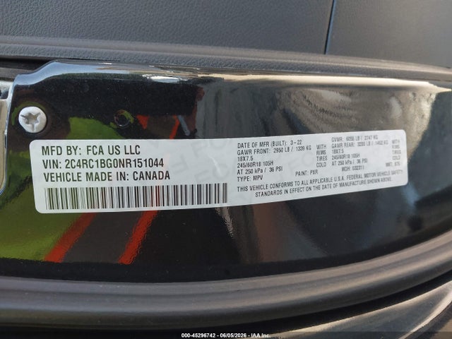 45296742 :رقم المزاد ، 2C4RC1BG0NR151044 vin ، 2022 Chrysler Pacifica Touring L مزاد بيع