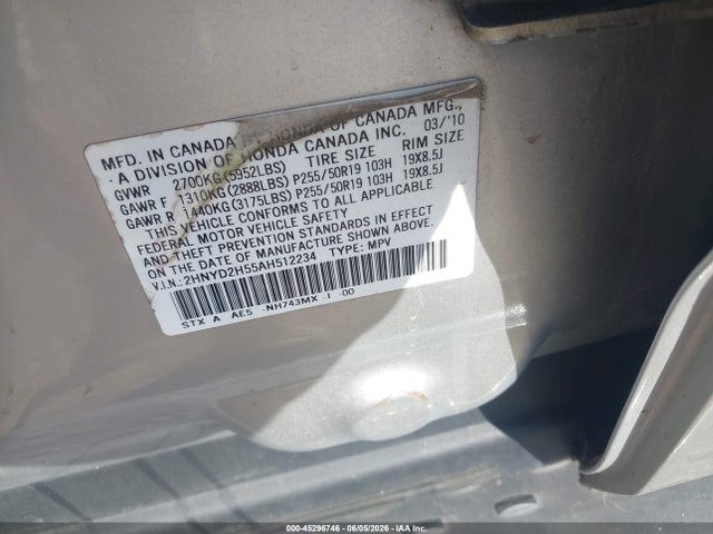 Aukcja sprzedaży 2010 Acura Mdx Advance Package, vin: 2HNYD2H55AH512234, numer aukcji: 45296746