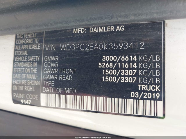 45296756 :رقم المزاد ، WD3PG2EA0K3593412 vin ، 2019 Mercedes-benz Metris مزاد بيع