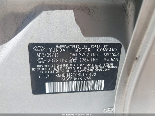 Aukcja sprzedaży 2011 Hyundai Elantra Limited (ulsan Plant), vin: KMHDH4AE0BU151438, numer aukcji: 45296772