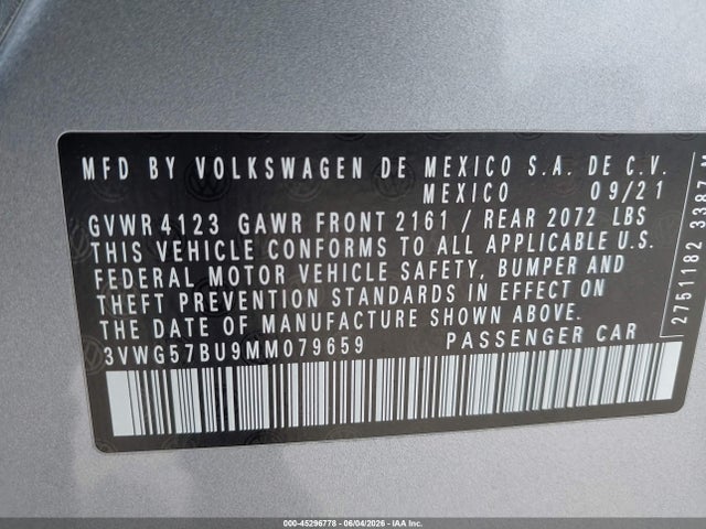 2021 Volkswagen Jetta 1.4t Sel Premium მანქანა იყიდება აუქციონზე, vin: 3VWG57BU9MM079659, აუქციონის ნომერი: 45296778
