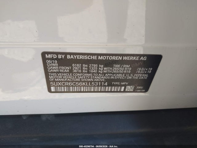 45296794 :رقم المزاد ، 5UXCR6C56KLL53114 vin ، 2019 Bmw X5 Xdrive40i مزاد بيع