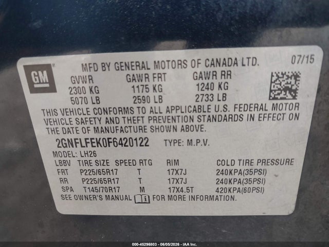 45296803 :رقم المزاد ، 2GNFLFEK0F6420122 vin ، 2015 Chevrolet Equinox 1lt مزاد بيع