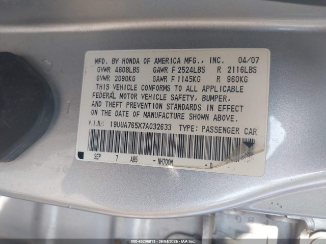 2007 Acura Tl Type S მანქანა იყიდება აუქციონზე, vin: 19UUA765X7A032633, აუქციონის ნომერი: 45296813